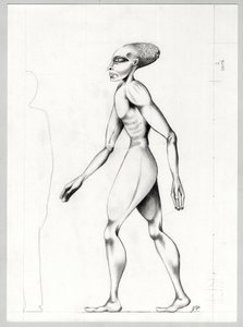 Ilustración de ciencia ficción: un extraterrestre o alienígena del planeta Marte a la conquista del espacio o universo. Dibujo de Alessandro Lonati