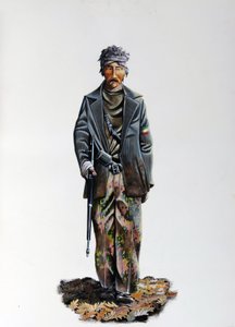 Segunda Guerra Mundial: un miembro de la Resistencia Italiana (maquis o guerrilleros, partisanos) (Resistenza Italiana), con traje de camuflaje y arma con ametralladora. 1943-1945. Ilustración de Alessandro Lonati de Alessandro Lonati