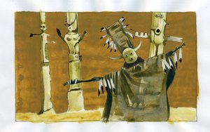 Chamanismo: ceremonia espiritual centrada en la mediación entre el ser humano y los espíritus de la naturaleza - el chamán y sus tótems Ilustración de Alessandro Lonati de Alessandro Lonati