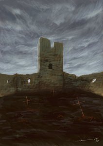 Tumbas de un cementerio abandonadas entre las ruinas. Dibujo de Alessandro Lonati de Alessandro Lonati