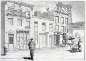 Estados Unidos, Nueva York: vista de una calle de un barrio de la ciudad en la década de 1950. Dibujo de Alessandro Lonati de Alessandro Lonati