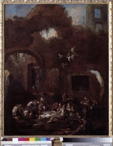 Frailes capuchinos en la mesa entre las ruinas de Alessandro Magnasco