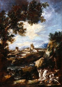 Paisaje con Frailes Carmelitas Rezando en un Santuario al Borde del Camino, c.1720 de Alessandro Magnasco