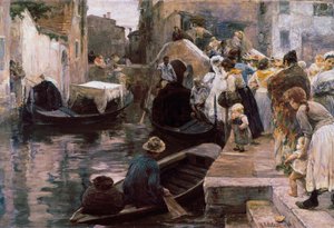 ""Boda en Venecia"" Los recién casados ​​viajan en góndola. Pintura de Alessandro Milesi (1856-1945) 1897 Roma. Galería Nazionale d