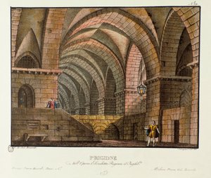 Norfolk visita al prisionero Leicester en la prisión de escenografía para la representación de 1828 de la ópera “Elisabetta, Regina d