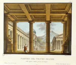 Pórtico del Gran Teatro en Pompeya, al fondo el Vesubio Escenografía para la representación de la ópera “L