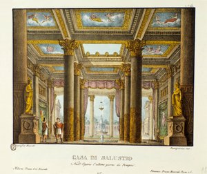 Vista de la Casa de Salustio (Saluste) Escenografía para la representación de “El Último Día de Pompeya” de Giovanni Pacini. Litografía en “Raccolta di invenzioni sceniche del 1830 di Alessandro Sanquirico (1777-1849)”. Milán