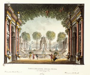 Vista de la Corte Real del Palacio de Genghis Khan Escenografía para el ballet “Genis-Kan” del coreógrafo italiano Giovanni Galzerani (1828) de Alessandro Sanquirico