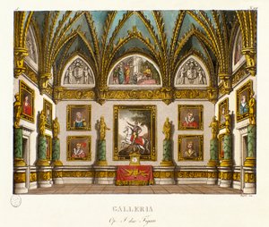 Vista de la galería decorada con pinturas. Escenografía para la ópera "I due figaro" de Giuseppe Saverio Raffaele Mercadante (1795-1870), basada en la obra "Los dos fígaros o el Sujeto de comedia" (1794) de Honoré François Richaud