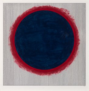 Círculo azul sobre rojo, 2022 (esmalte y bolígrafo sobre cartulina)