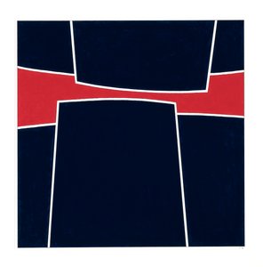 Azul a presión sobre rojo, 2023 (esmalte sobre cartulina)