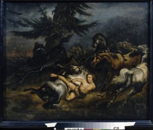 Ivan Mazepa (John Mazeppa) (1639-1709). Tras ser sorprendido en el acto de adulterio, es untado con alquitrán y atado desnudo a un caballo salvaje, que lo lleva a las estepas ucranianas. Pintura de Alexander Osipovich Orlowski (1777-1832), hu de Alexander (1777 1832) Orlowski