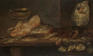 Bodegón con pescado y una langosta y ostras en una mesa cercana de Alexander Adriaenssen