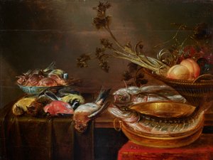 Bodegón con peces, pájaros y fruta