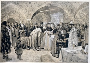 La recepción de la zarina después de los maitines de Pascua. Obra de Alexander Andreyevich Chikin (1865-1924), litografía. Arte ruso