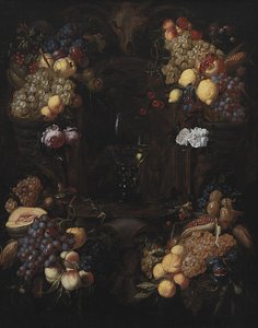 Cartucho con guirnaldas de frutas y una copa de vino de Alexander Coosemans