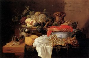 Bodegón de frutas con langosta