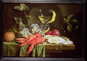 Naturaleza muerta con langosta, ostras y frutas