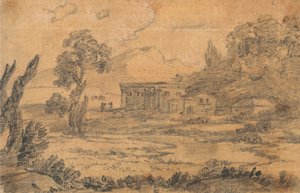 Edificios junto a un río con colinas al fondo de Alexander Cozens