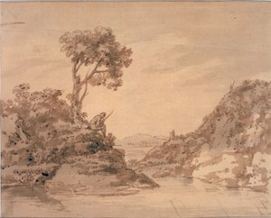 Paisaje con figura en la orilla de un estanque (Acuarela, sepia y aguada)