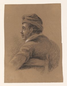 Busto de hombre sentado girado, visto desde atrás