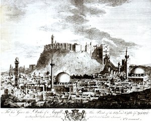 Una vista de la ciudad y el castillo de Alepo, Siria, 1754 de Alexander Drummond
