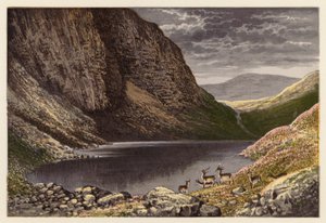 Paisajes de lagos escoceses: The Dhu Loch, Loch-na-gar (litografía en color)