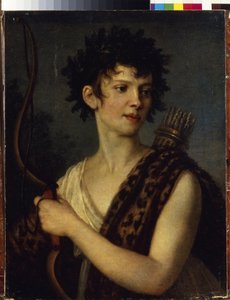 Retrato de la actriz y bailarina de ballet E. Kolosova (1782-1869). Representado sosteniendo un arco y portando un carcaj lleno de flechas, coronado con hojas de roble y vestido con piel de leopardo. Pei