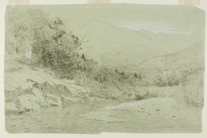 Corriente de río con montañas a lo lejos de Alexander Helwig Wyant