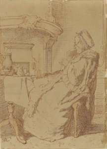 Anciana sentada, tejiendo en una mesa