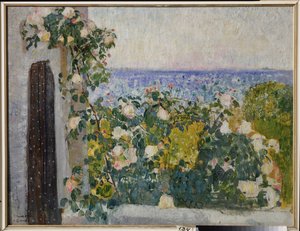 Flores en el balcón de Roma (Italia). Pintura de Alexander Ivanovich Savinov (1881-1942), óleo sobre lienzo de Alexander Ivanovich Savinov