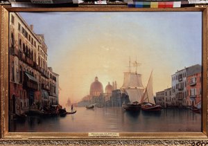 Mañana en Venecia (Italia). Barcos de vela y góndolas en el Gran Canal con el sol naciente, al fondo la Basílica de Santa Maria Della Salute. Pintura de Alexander (Alexander) Nikolayevich Mordvinov (1799-1858), óleo sobre lienzo de Alexander Nikolayevich Mordvinov