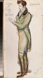 Diseño de vestuario para la ópera Eugene Onegin de P. Tchaikovsky (1840-1893) - Obra de Alexander Valentinovich Sredin (Sredin) (1872-1934), lápiz y acuarela sobre