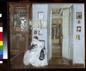 Lee. La finca Polotnyany Zavod (Rusia). (Lectura. La finca Polotnyany zavod). Una mujer con el rostro oculto en un pañuelo llora mientras lee. Obra de Alexander Valentinovich Sredin (Sredine) (1872-1934), temple sobre tabla
