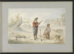 Hombre desenterrando una espada en un antiguo campo de batalla
