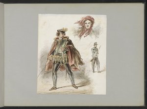 Hombre con traje histórico, mujer con velo y soldado