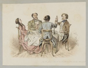Cuatro figuras haciendo un brindis en una mesa