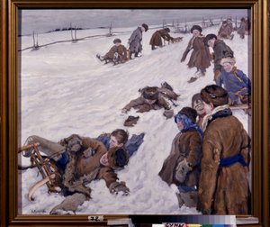 Deportes de invierno. Escena de trineo, en un campo nevado, los niños abrigados se divierten y ríen a carcajadas. Pintura de Alexander Viktorovich (Alexander Victor) Moravov (1878-1951), óleo sobre lienzo de Alexander Viktorovich Moravov