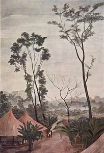 Un pueblo en el Oubangui - Chari, de Dibujos y Pinturas de África, ejecutados durante la expedición Citroën Centro África, segunda misión Haardt Audouin-Dubreuil, pub. París, 1927