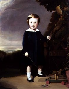 Retrato de un niño con una tapa de madera