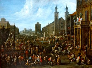 Una escena de mercado con artistas callejeros y otras figuras de Alexander van Bredael
