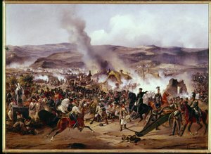 Guerras Napoleónicas: la Batalla de Kulm (actual Chlumec) en Bohemia (República Checa) el 30/08/1813 oponiendo al ejército francés a una coalición de tropas prusianas, austriacas y rusas, durante la campaña alemana. Pintura de Alejandro