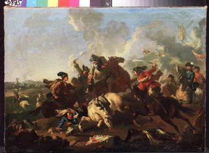 Escena de la Batalla de Poltava (o Pultawa, Ucrania) (Escena de la Batalla de Poltava). Batalla que tuvo lugar el 8 de julio de 1709, entre el ejército de Pedro I de Rusia (conocido como Le Grand