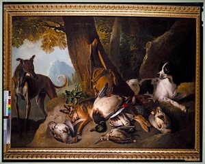 Perros y caza en paisaje (óleo sobre lienzo) de Alexandre Francois Desportes