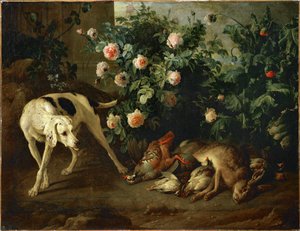 Dog guarding game near a rose bush - Chien gardant du gibier aupres d