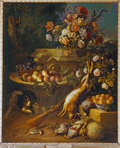 Gibier mort, fruits, fleurs et un chien - Juego muerto, frutas, flores y un perro ...