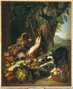 Gibier mort, legumes, fruits et deux chiens - Caza muerta, legumbres, frutas y dos perros ...