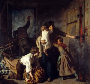 Escena de incendio. Una familia atrapada en su apartamento intenta escapar del fuego del edificio. El padre de la familia pide ayuda desde la ventana. de Alexandre Antigna