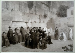 Judaísmo: "El Muro de Salomón" Hombres y mujeres de religión judía rezando ante el Muro de las Lamentaciones. Antes de 1857. Dibujo de Alexandre Bida (1823-1895), aguada, pluma y lápiz sobre papel, Dim. 0,61x0,87 m Malmaison, museo del castillo