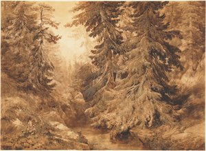 Un antiguo bosque de pinos con un arroyo de montaña de Alexandre Calame